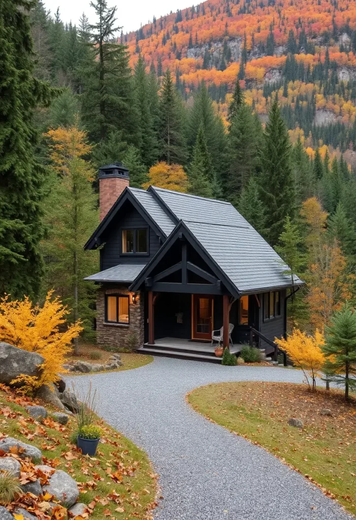 Cottage with dark wood shingle roofing and trim, nestled in a forest with autumn colors.