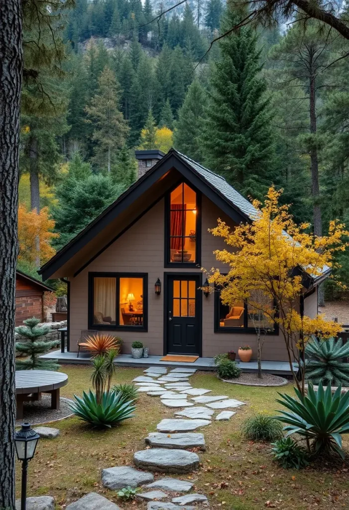 Forest cottage with a stone pathway winding through garden beds to the front door.