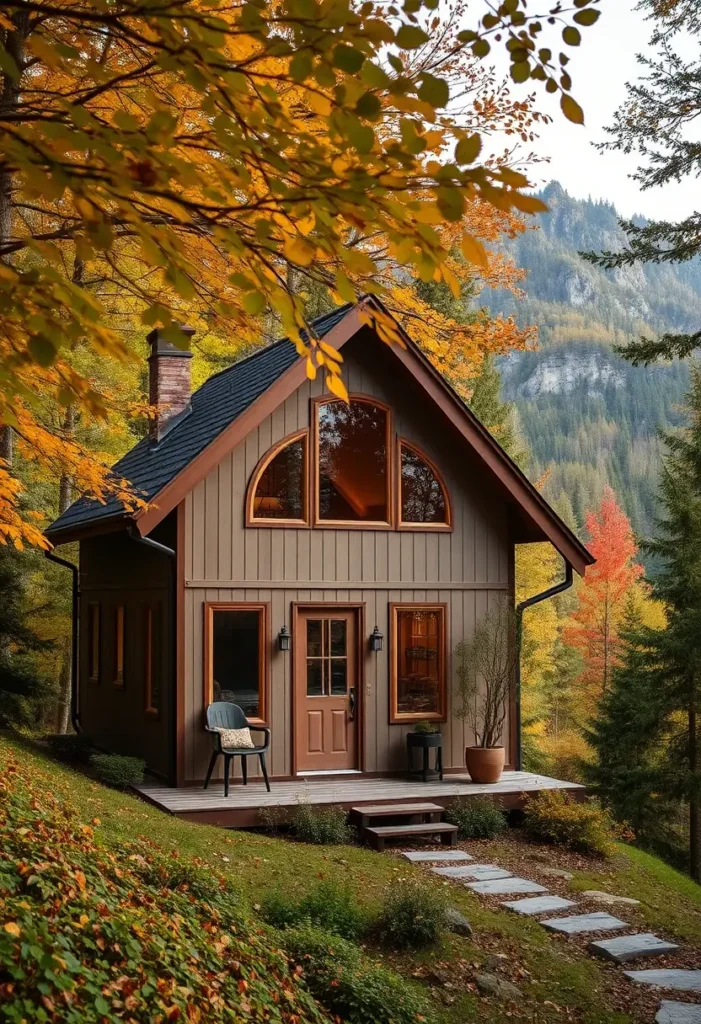 Side view of a forest cottage with arched windows, a wooden deck, and a stone pathway.