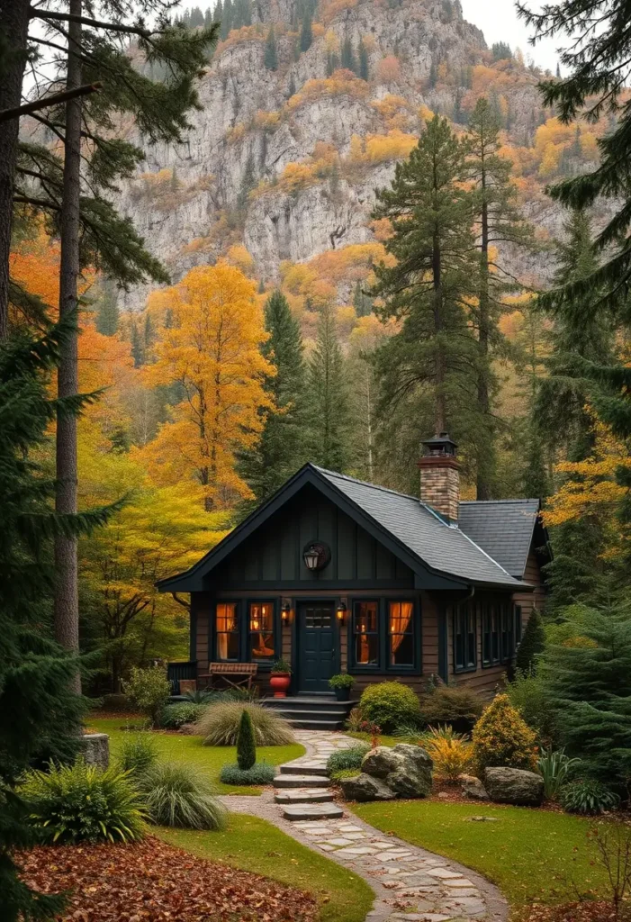 Forest cottage nestled among tall trees and colorful foliage, with a stone pathway leading to the entrance.