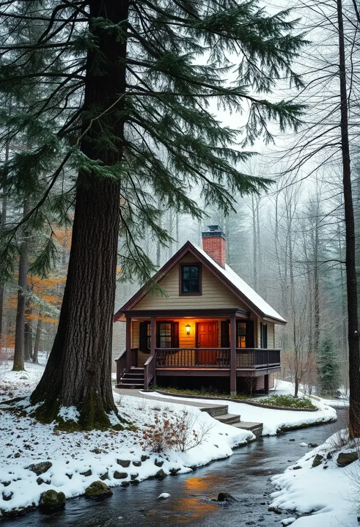 Snow-dusted forest cottage with natural wood siding and a welcoming front porch, beside a flowing stream.