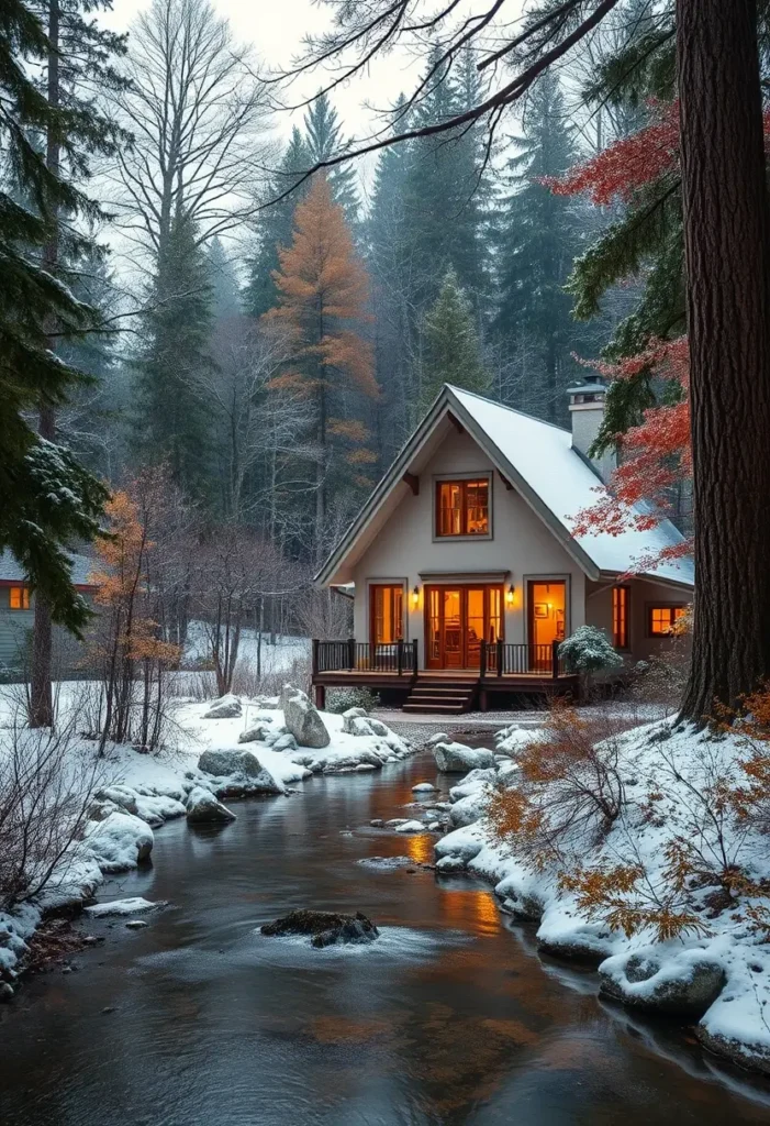 Snowy forest scene with a cottage featuring warm, inviting interior lighting visible through the windows.

