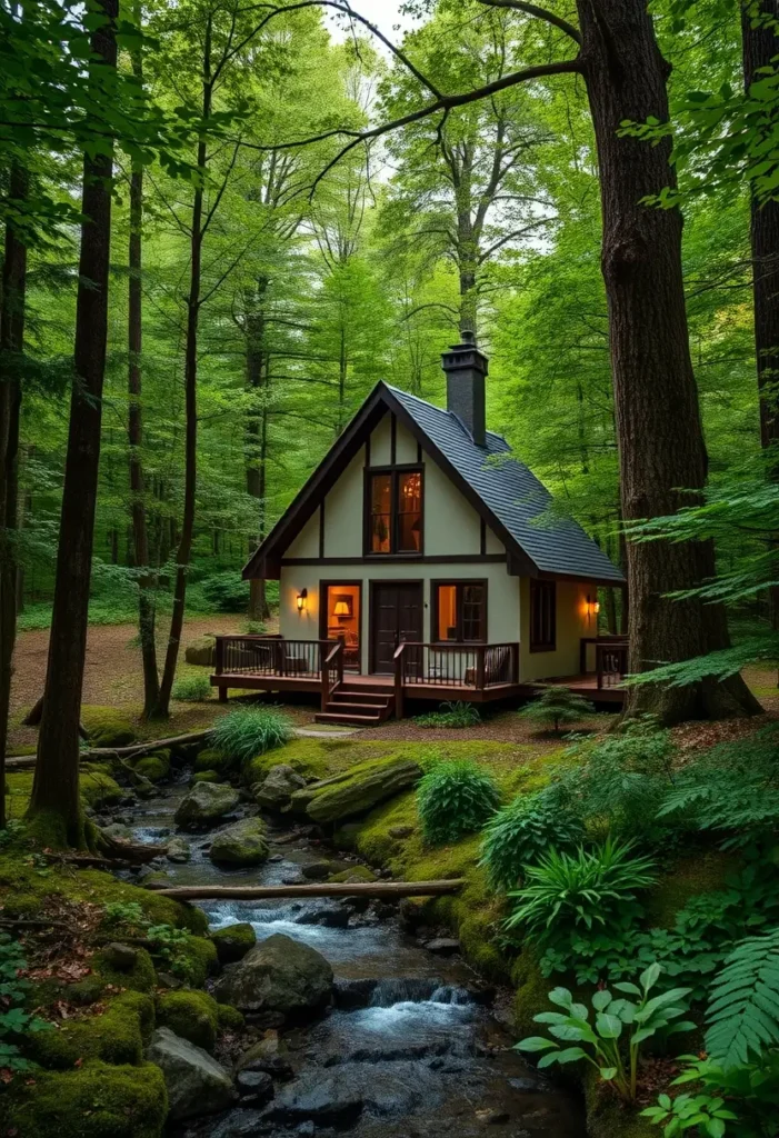 Forest cottage with a deck overlooking a gently flowing stream, surrounded by lush greenery.