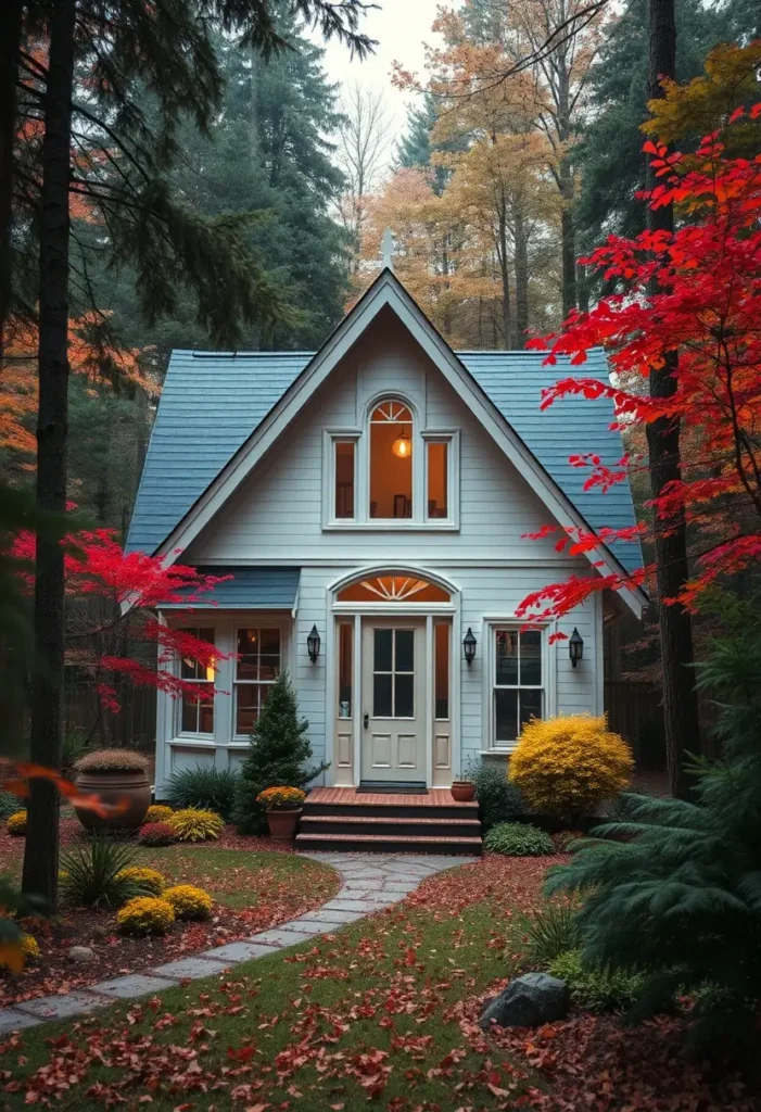 Forest cottage with a welcoming doorway, framed by colorful autumn landscaping and a stone pathway.