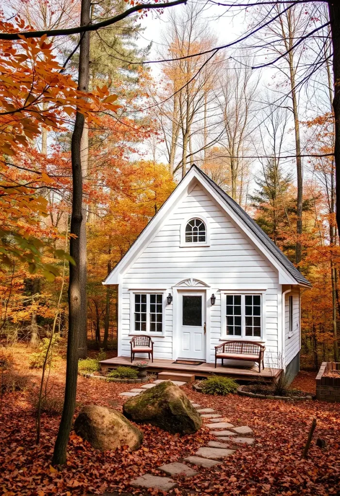 Small white forest cottage nestled among autumn trees, with a stone pathway leading to the entrance.