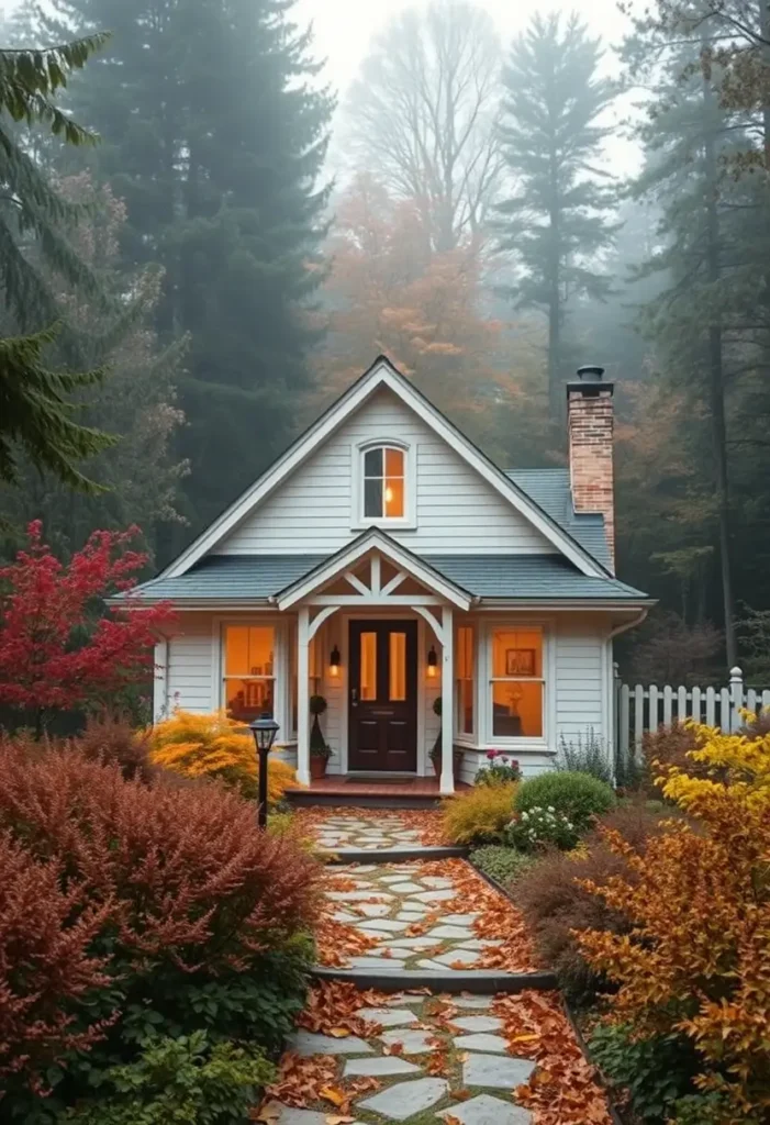 Single-story forest cottage with a gabled roof, surrounded by misty autumn landscaping and a stone pathway.