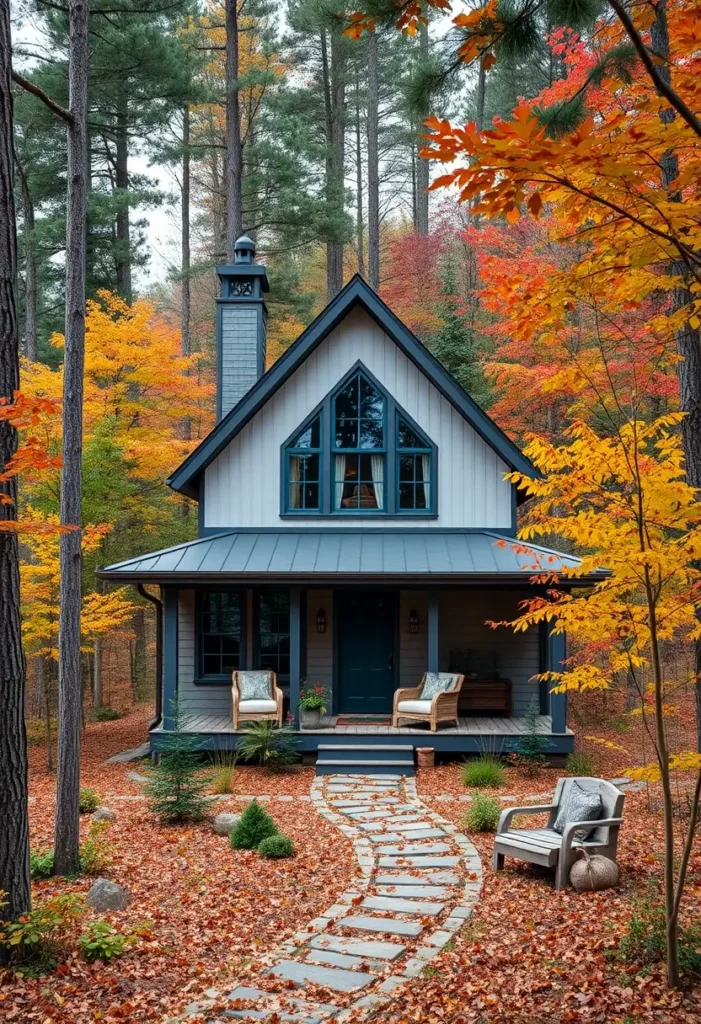 Forest cottage with a covered porch and a winding stone pathway, surrounded by vibrant autumn leaves.