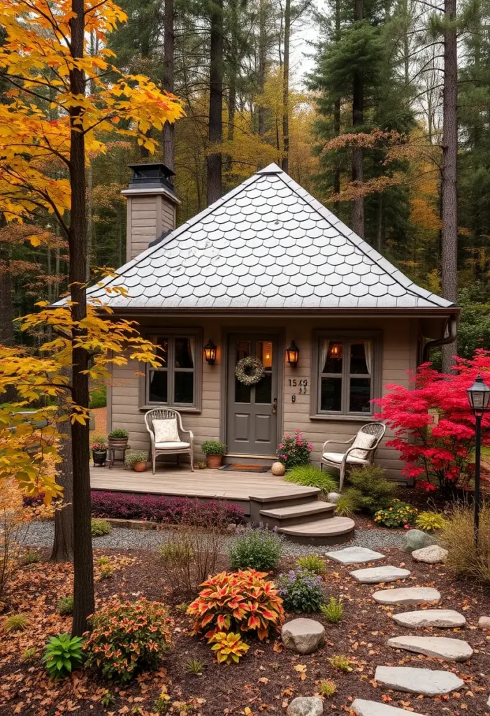 Forest cottage with a textured shingle roof, a welcoming front entrance, and colorful autumn landscaping.