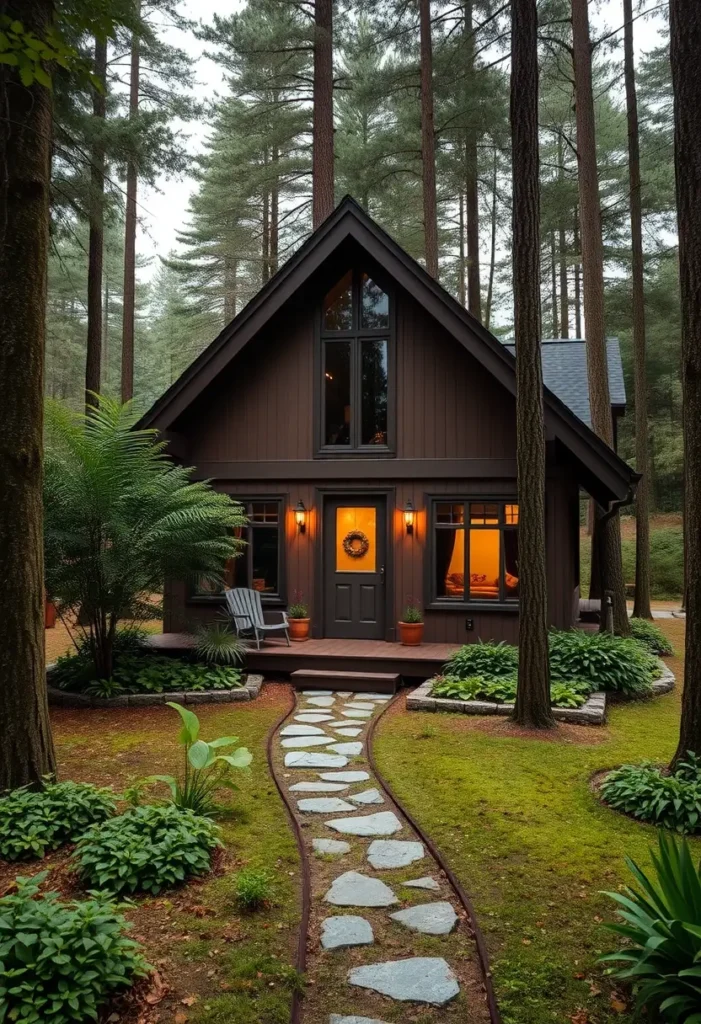 Tall forest cottage with a steeply pitched roof and large windows, nestled among towering trees.