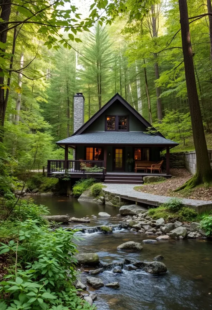 Forest cottage built alongside a flowing stream, with a small bridge-like walkway connecting to the bank.