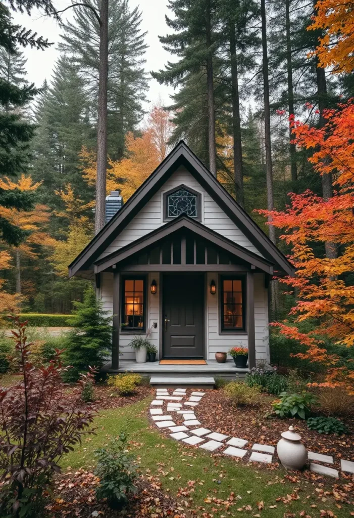 Forest cottage with a unique decorative window above the front door, surrounded by autumn foliage.