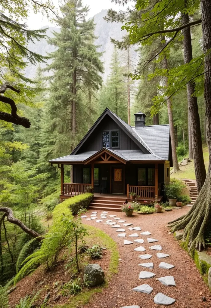 Forest cottage nestled into a hillside, with a stone pathway leading up to a wraparound porch.