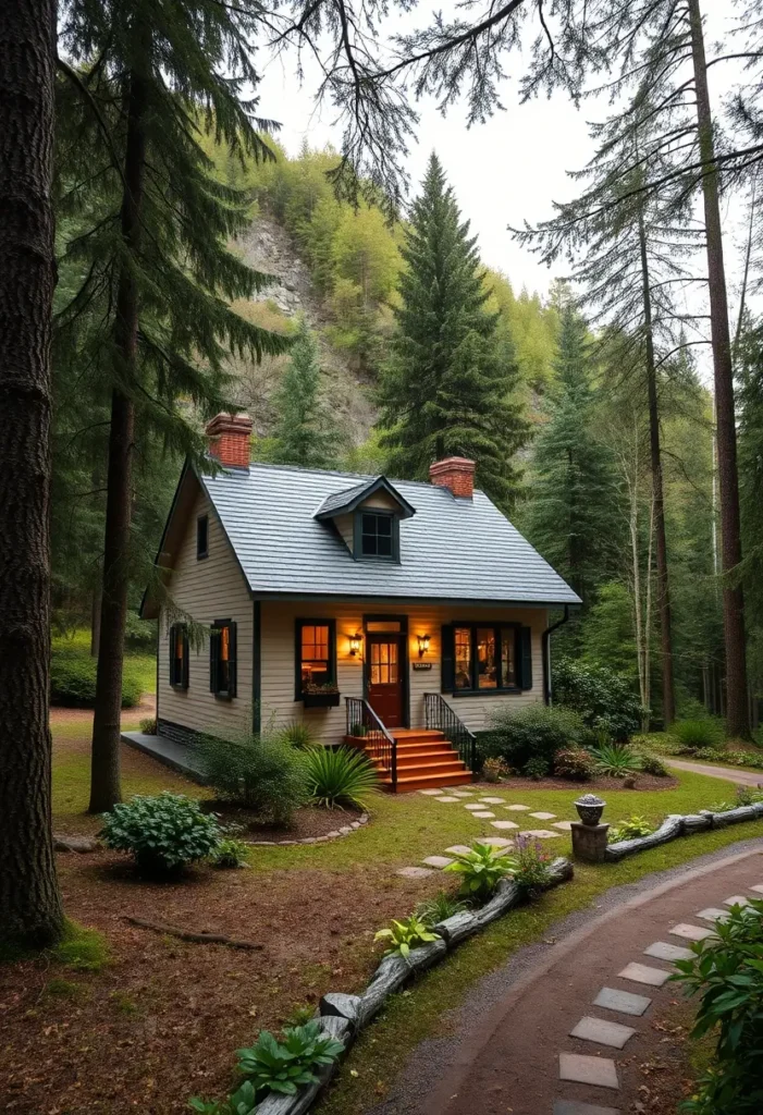 Cozy forest cottage nestled in a clearing, surrounded by tall trees, showcasing a harmonious blend of architecture and nature.