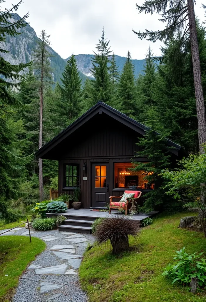 Tall forest cottage with a steeply pitched roof and large windows, nestled among towering trees.