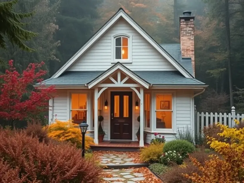 Single-story forest cottage with a gabled roof, surrounded by misty autumn landscaping and a stone pathway.