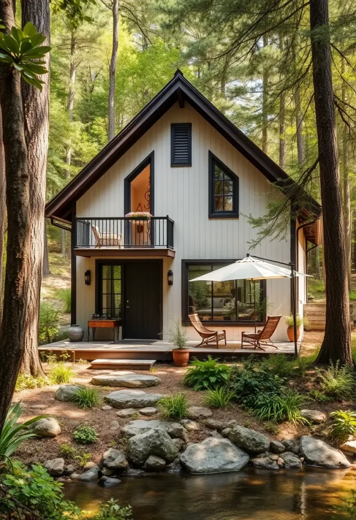 Small modern A-frame cabin with a balcony and outdoor seating in a forest setting.