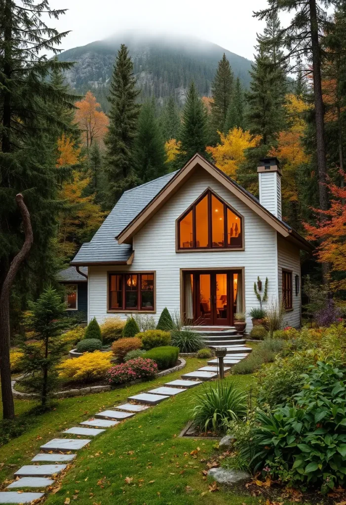 Small white cabin with large windows, surrounded by autumn trees and mountain views.