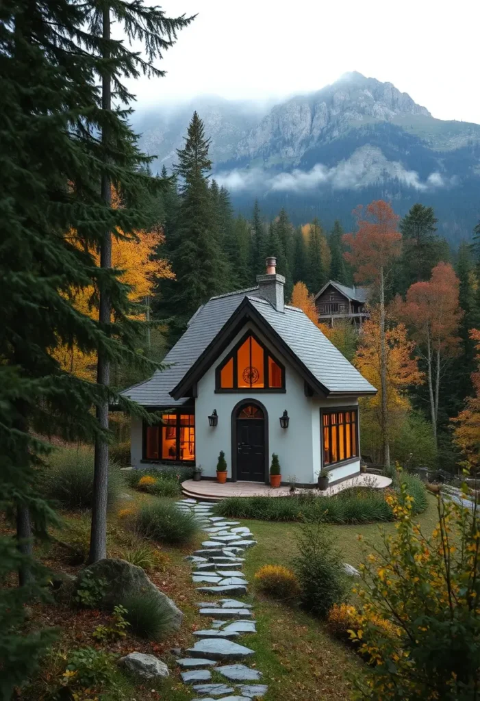 Fairytale-style small cottage with warm lighting, set in a forested mountain landscape.