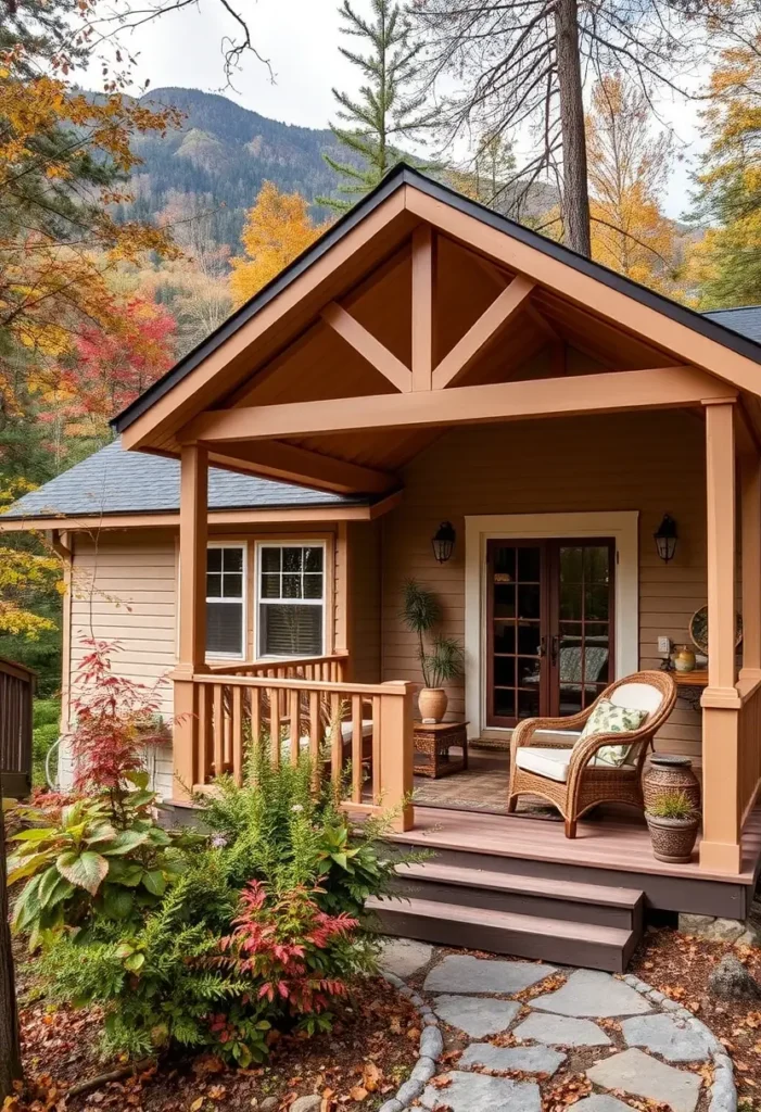 Rustic small cabin with a cozy front porch, wooden beams, and mountain views.