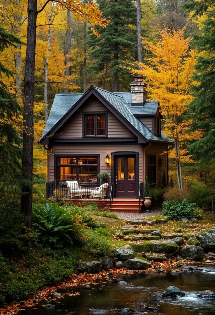 Small cozy cabin with a front balcony, nestled beside a creek in autumn woods.