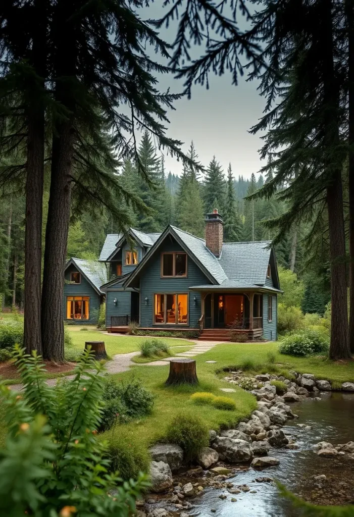 Cozy dark wood cabin with large windows, nestled by a forest stream.