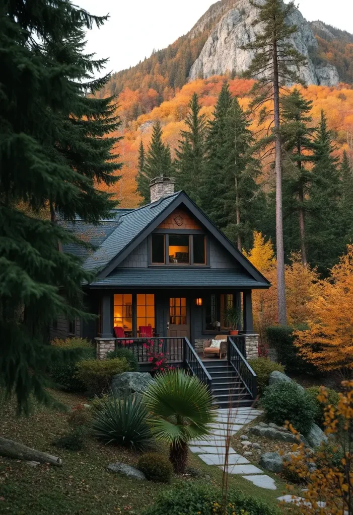 Cozy mountain cabin with a dark wood exterior, nestled among autumn trees.