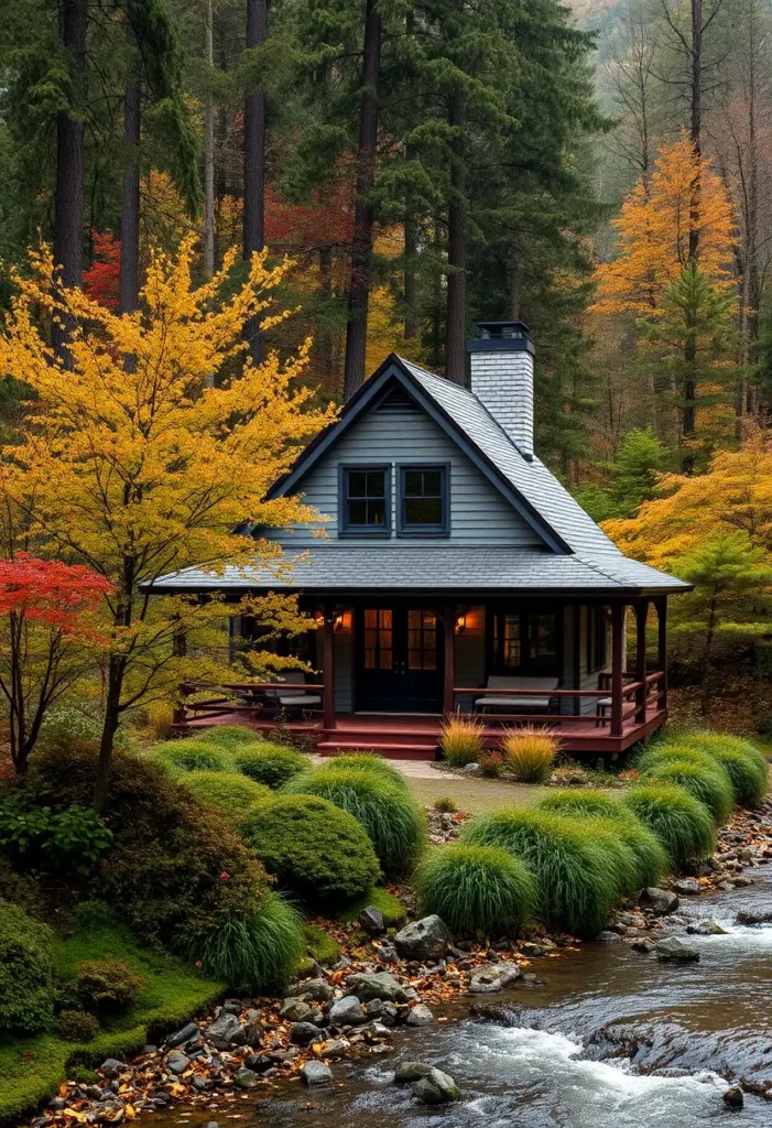 Cozy riverside cabin with a wraparound porch and autumn foliage in the background.