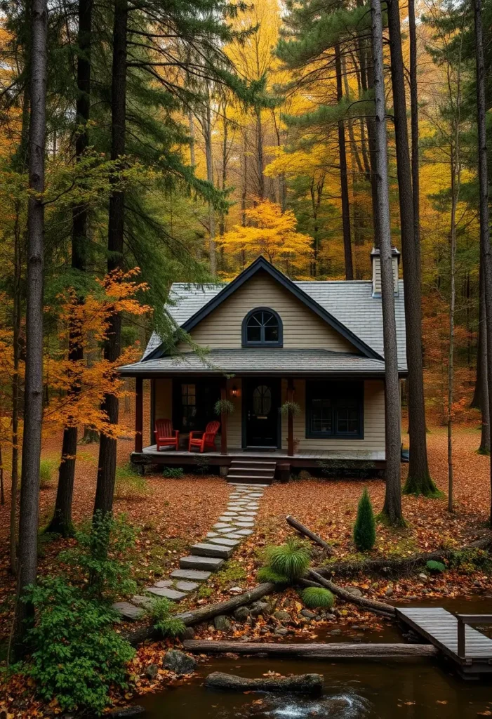 Cozy woodland cabin with a front porch, stone pathway, and private dock by the water.