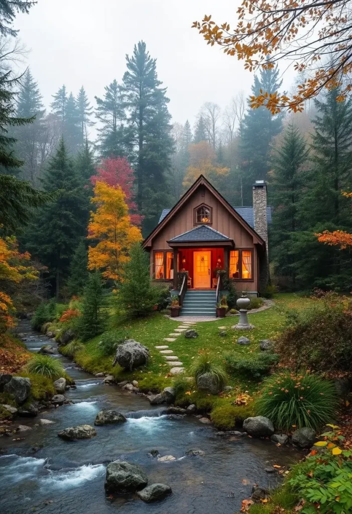 Cozy small cabin with warm lighting, set beside a flowing stream in a misty forest.