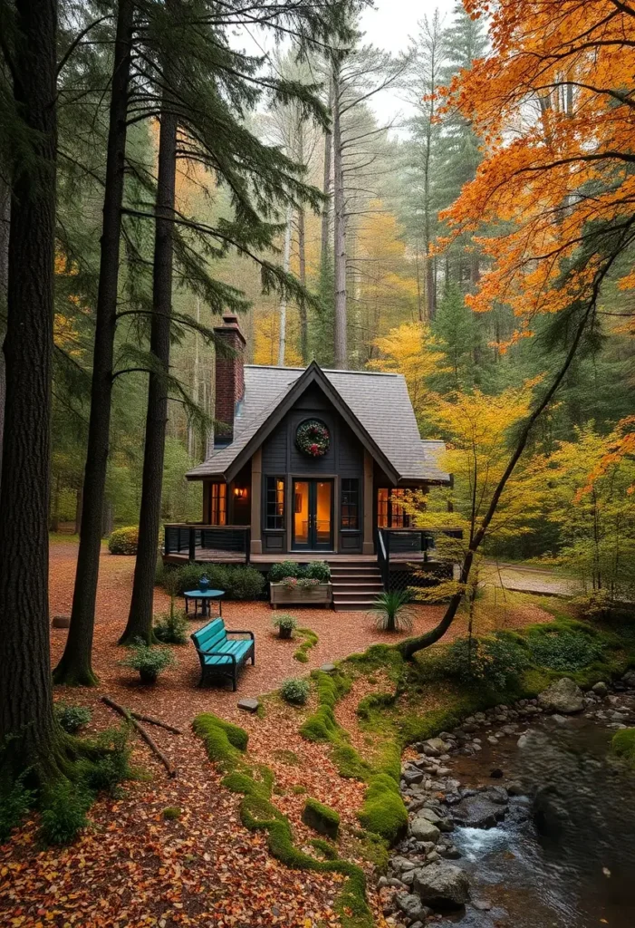 Cozy forest cabin with a wraparound deck, warm lighting, and autumn foliage.