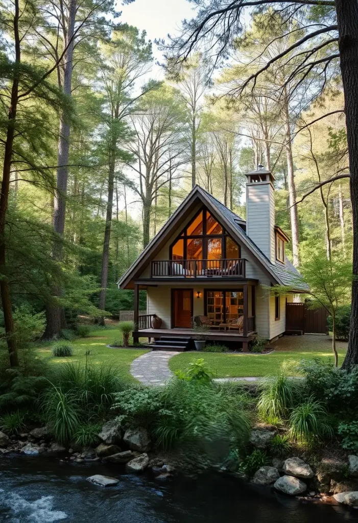 A-frame cabin with a balcony and large windows, set by a peaceful forest stream.