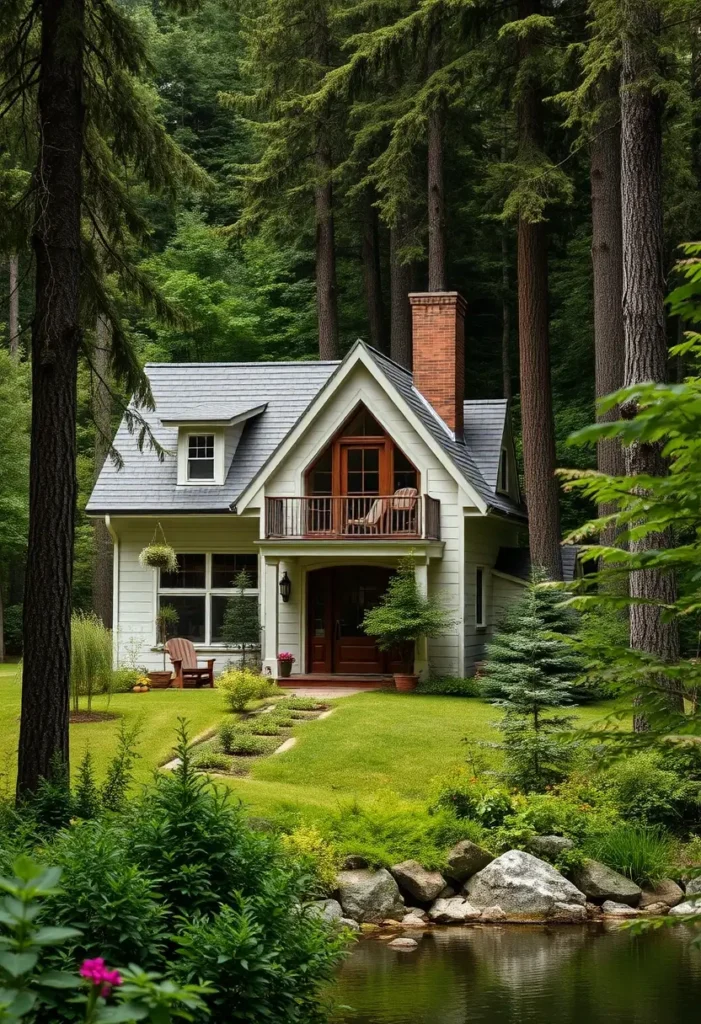 Cozy white cottage-style cabin with a balcony and brick chimney, nestled in the forest.