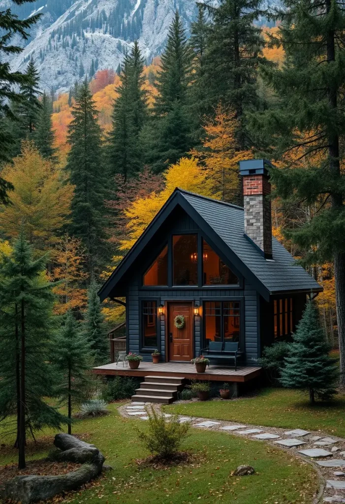 Black cabin with large windows and a brick chimney, set in a mountain forest.