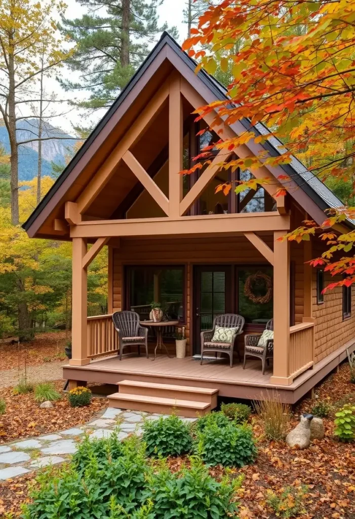 Rustic A-frame cabin with a wooden porch and exposed beams, surrounded by autumn foliage.