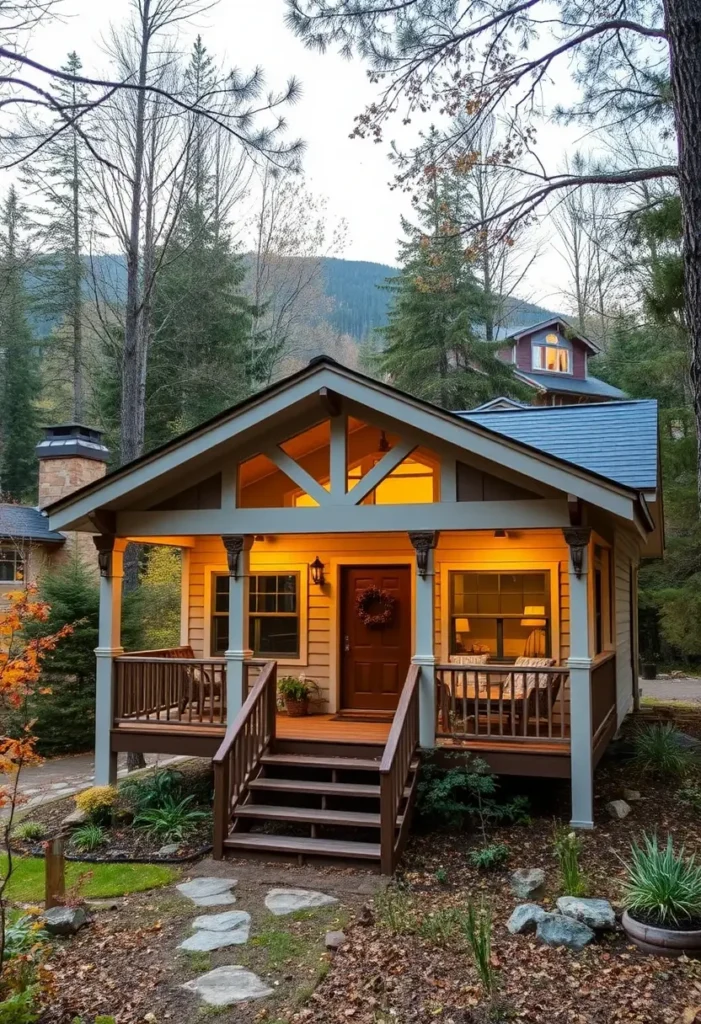 Cozy woodland cabin with a gabled porch and warm interior lighting.