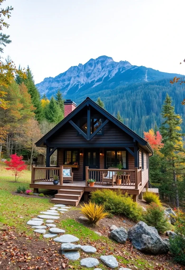 Dark wood cabin with a spacious deck and breathtaking mountain views.