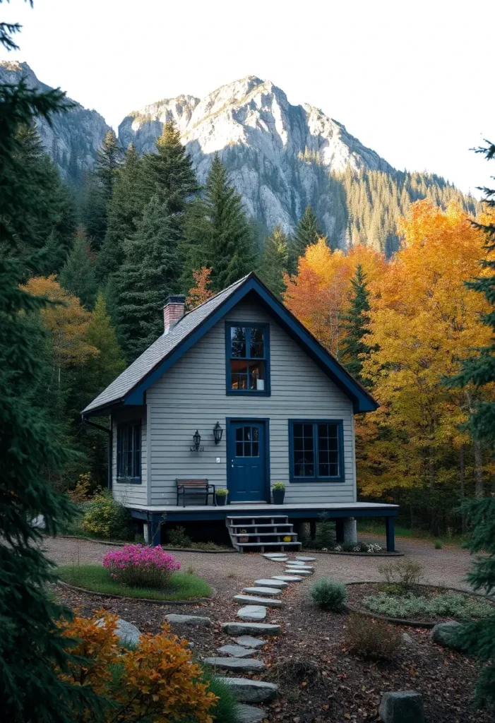 Elevated cabin with blue trim, nestled against a mountain backdrop.