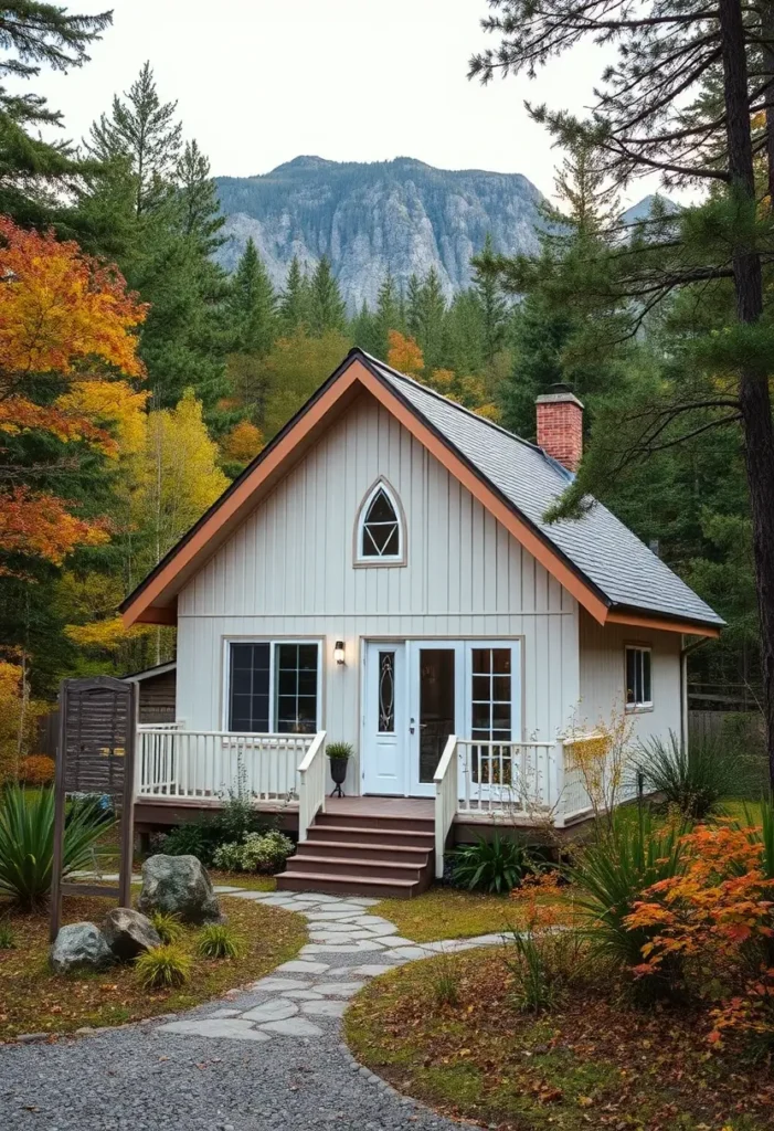 White cabin with arched windows and mountain backdrop, featuring a stone path.