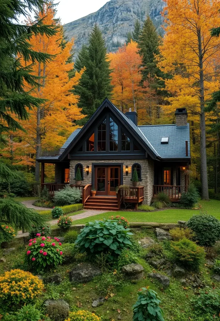 Cozy small cabin in the woods with stone exterior, A-frame roofline, and lush landscaping during autumn. Cozy Small Cabins in the Woods