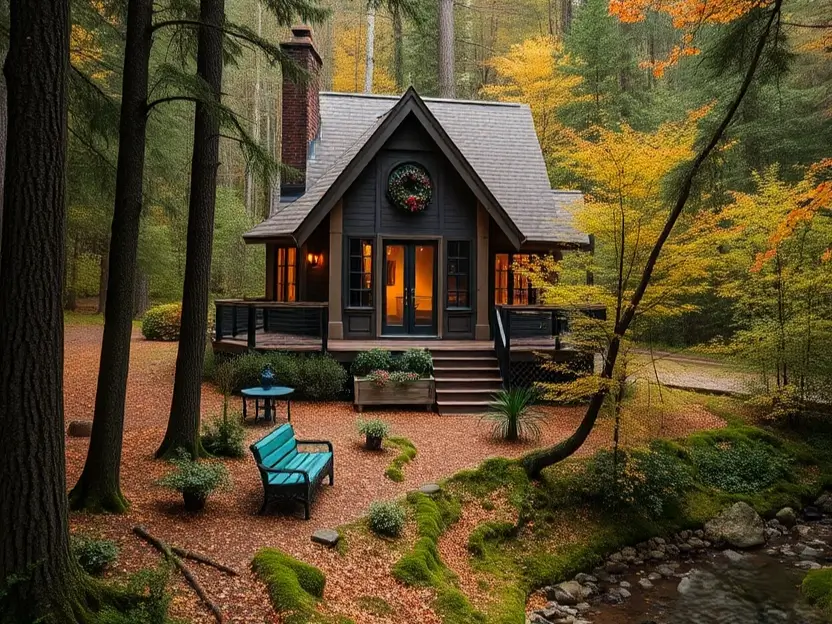 Cozy forest cabin with a wraparound deck, warm lighting, and autumn foliage. Cozy Small Cabins in the Woods