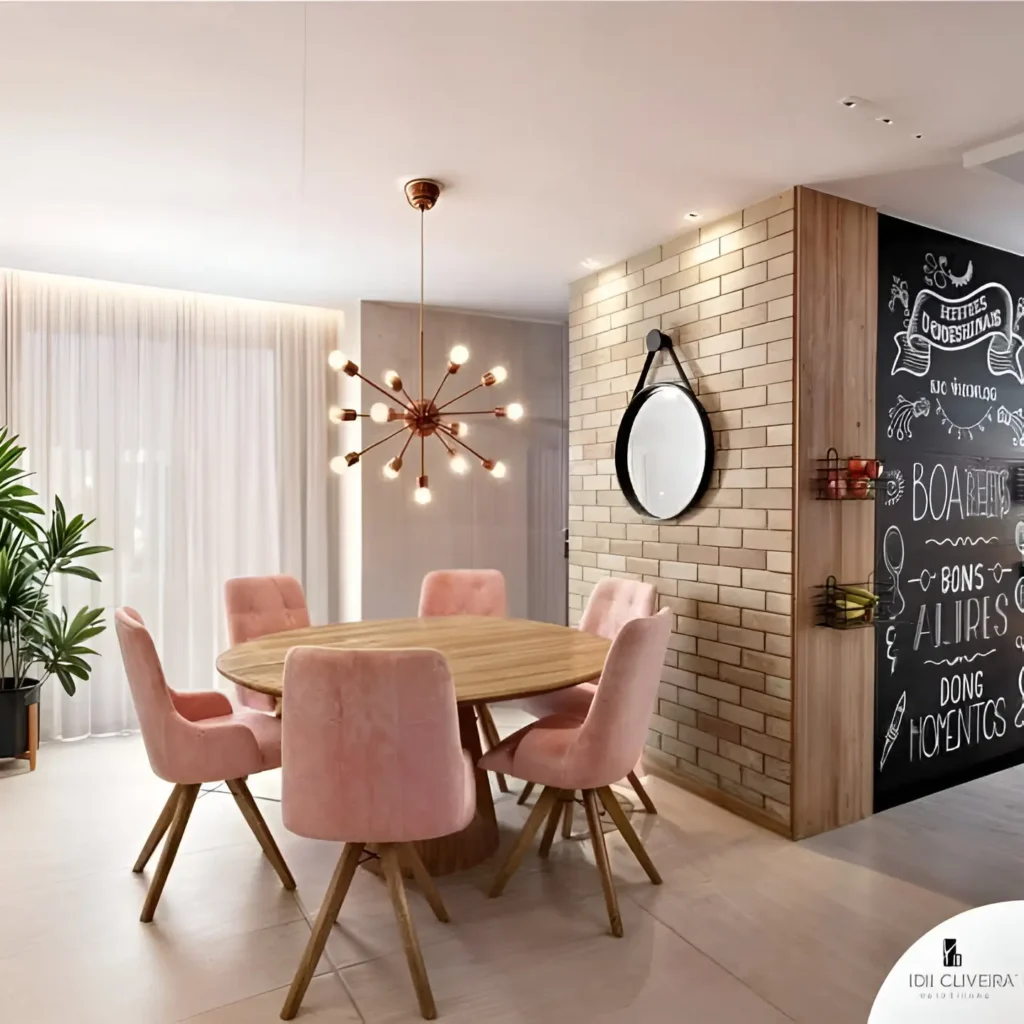 Modern dining area with pink velvet chairs, a wooden table, brick walls, and a statement chandelier.