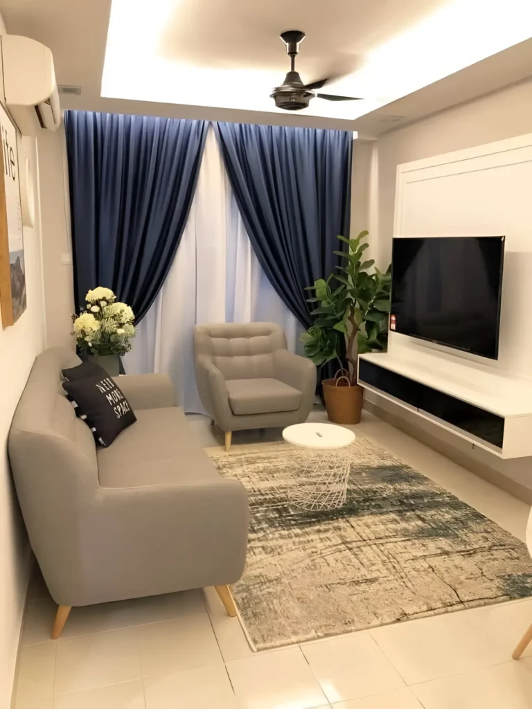 Modern living room with deep blue curtains, a textured rug, neutral seating, and indoor plants.