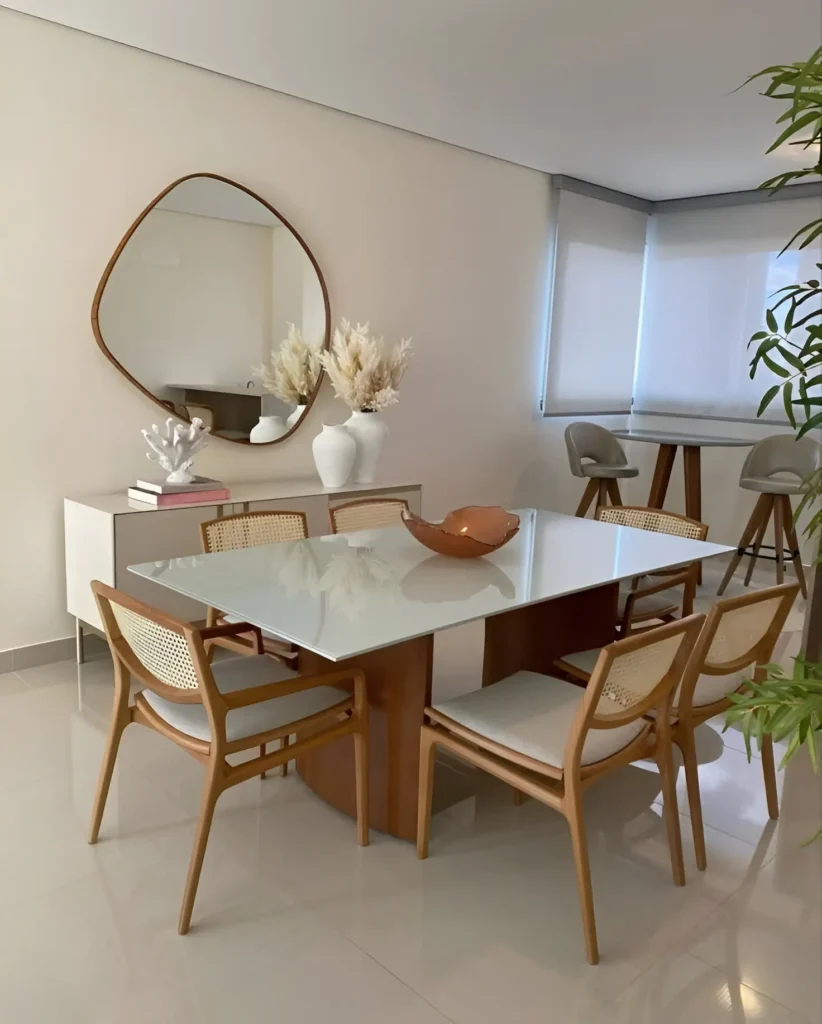 Modern dining area with a sculptural mirror, glass-top table, woven chairs, and neutral decor.