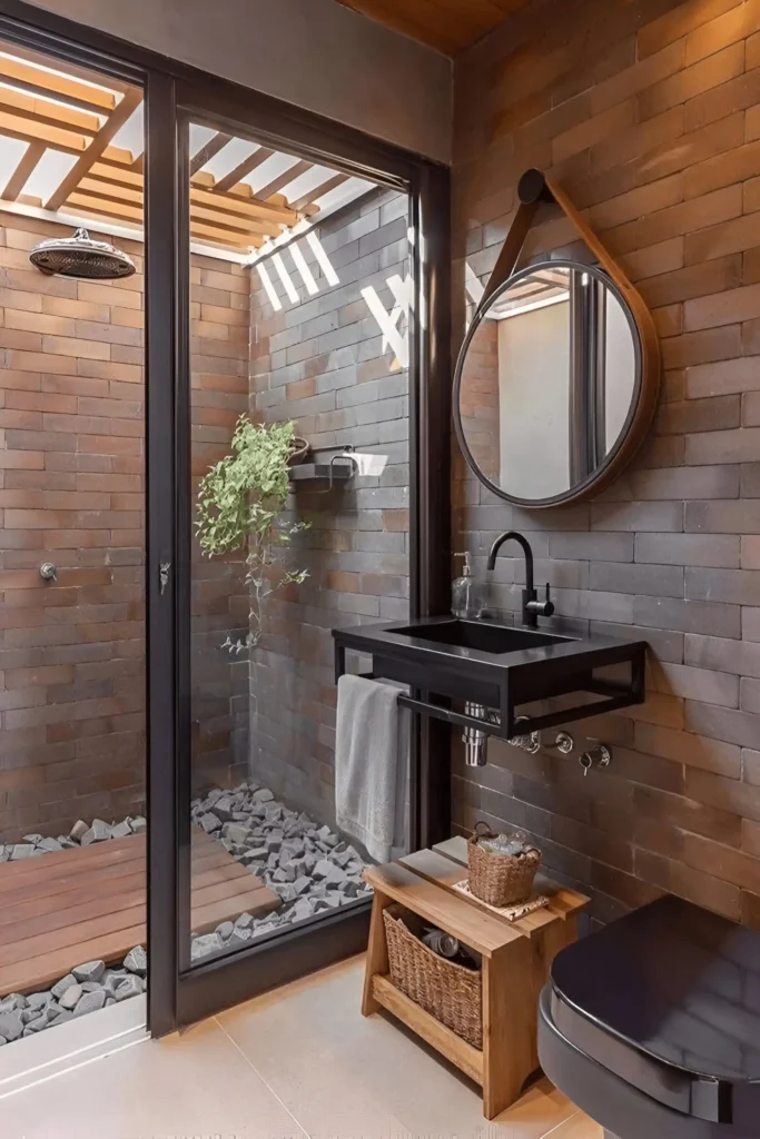 Modern open-concept bathroom with brick walls, black fixtures, and an outdoor-inspired shower area.