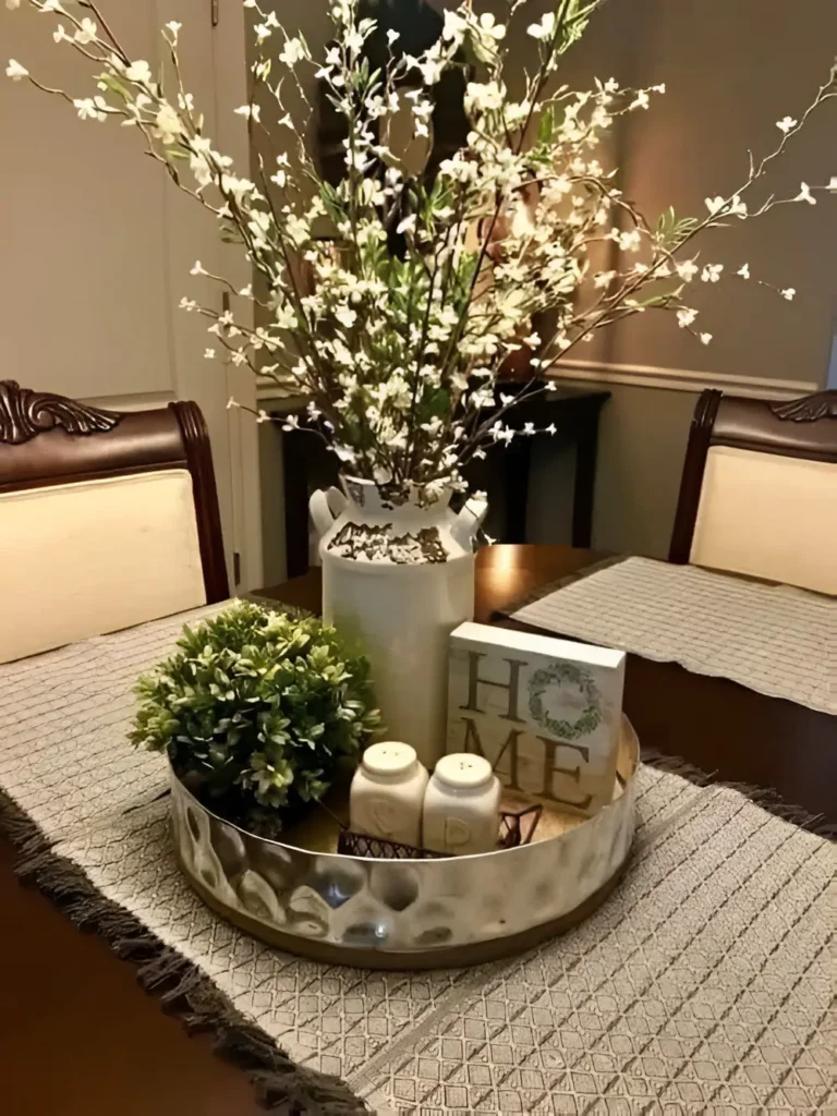 Elegant dining table centerpiece with floral arrangements, greenery, and decorative accents.