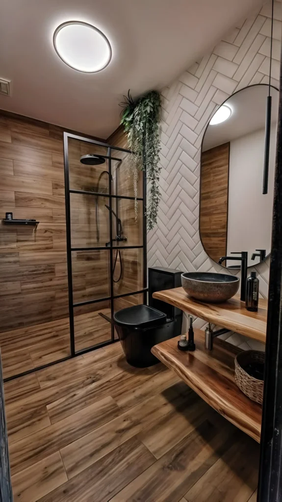 Modern bathroom with wood accents, black metal fixtures, and a live-edge vanity.