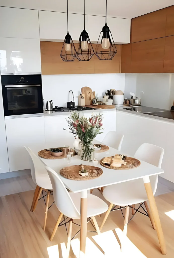 Scandinavian kitchen with wood cabinetry, black pendant lighting, and a modern dining setup.