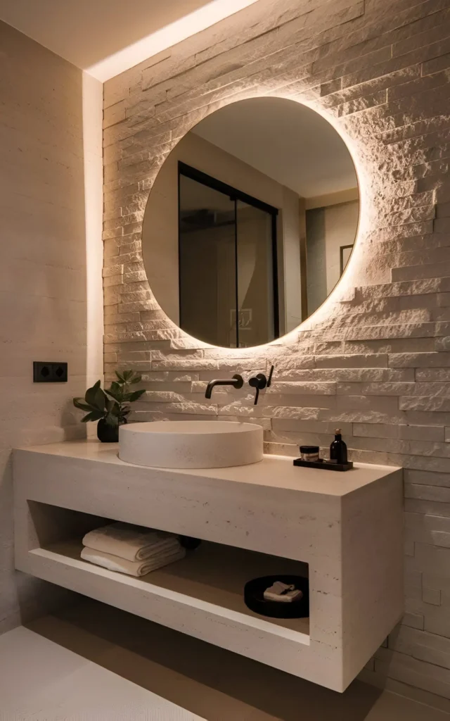 Modern bathroom with a backlit round mirror, stone vanity, and textured walls.