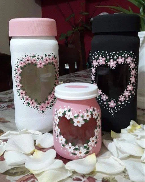 DIY Painted Mason Jars with Floral Heart Design.