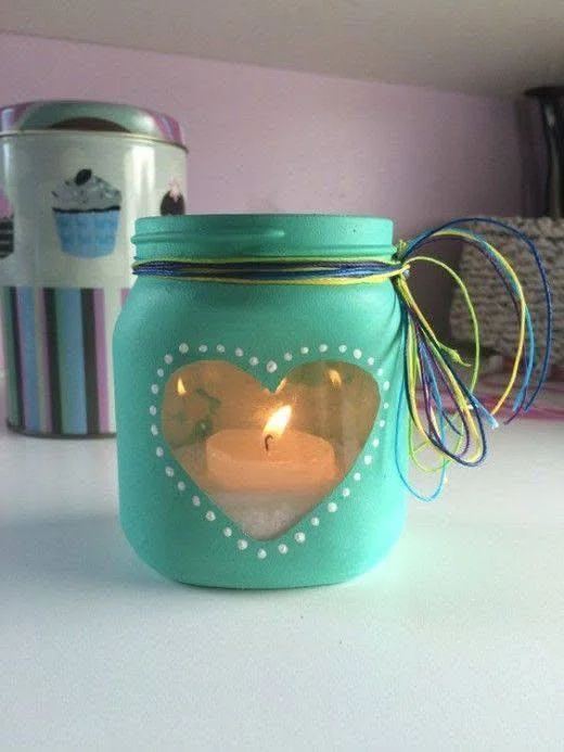 DIY Painted Mason Jar Candle Holder with Heart Cutout. - jar decorating ideas